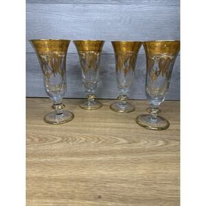 Interglass Italy Crystal Glass 24K Gold Clear Italian 7.5”Champagne Flutes~4 Pc